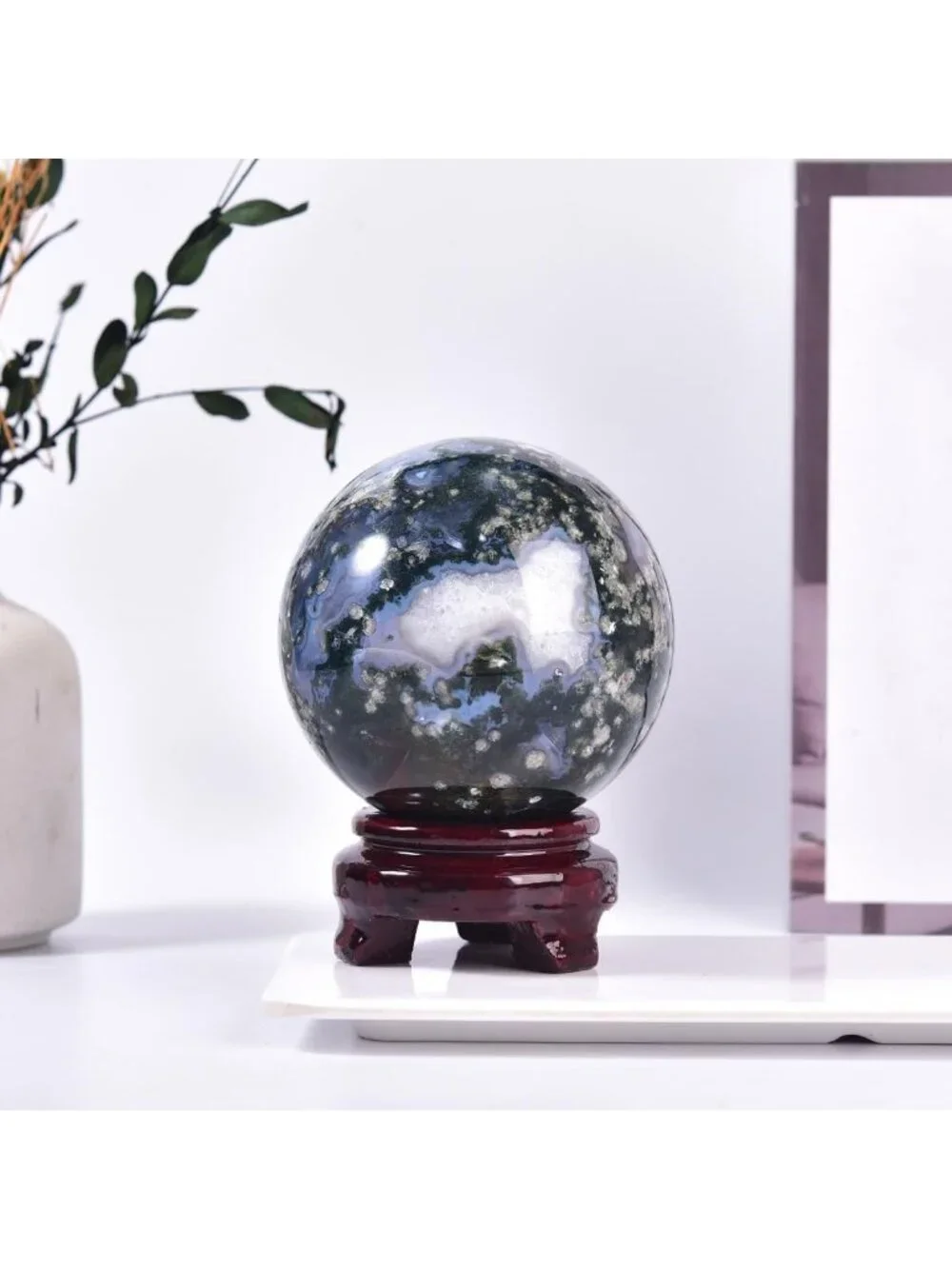 Large Moss Agate Crystal Sphere for Healing & Meditation - Home Decor Ball